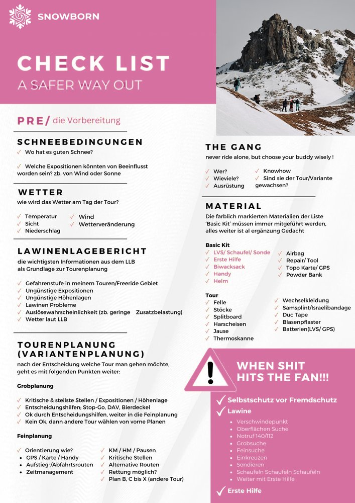 Vorschau der SNOWBORN Backcountry-Checkliste: Vorbereitung, Lawinenlagebericht und Material